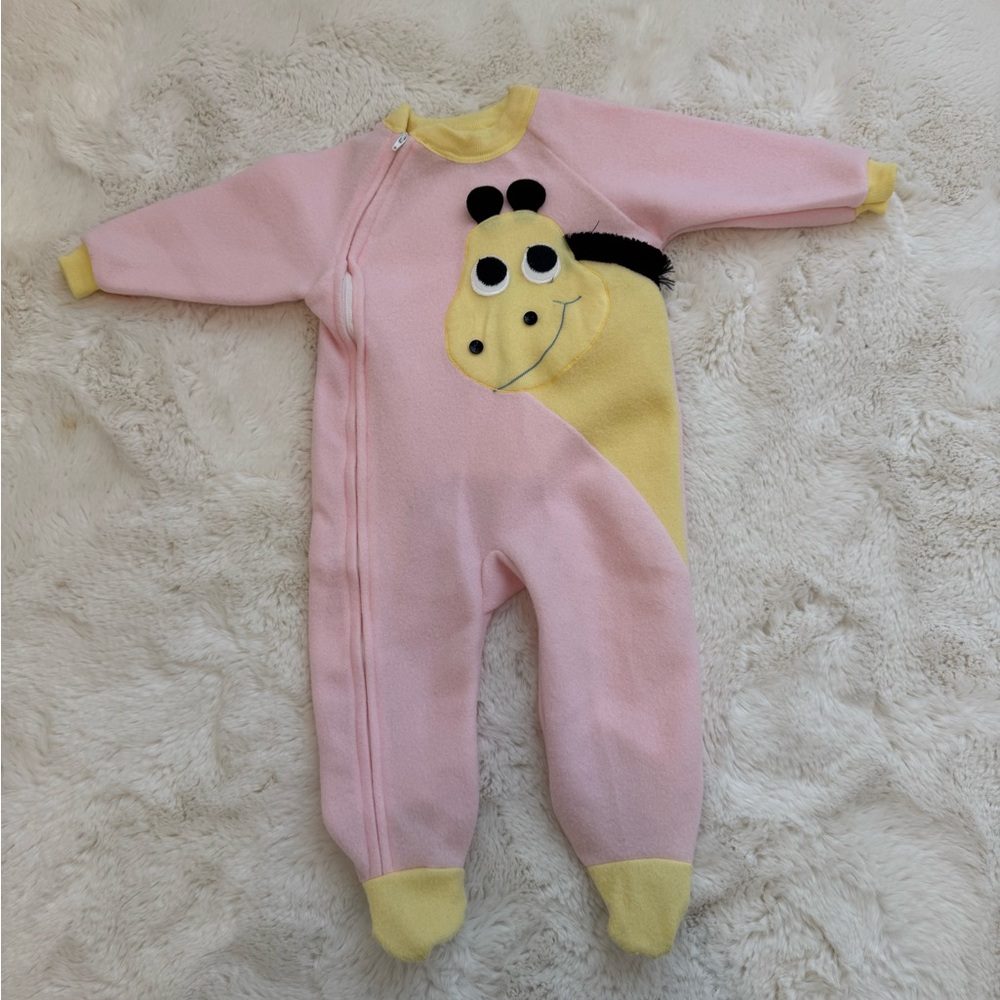 Vintage Baby Girl Pink Giraffe Fleece Footed Sleeper Soft Zip 1 Piece 18 months💛